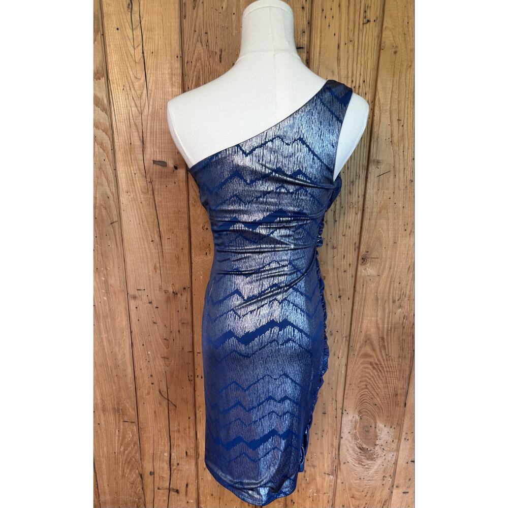 Studio Small Blue Silver Metallic One Shoulder Ruched Cocktail Dress NWT - Picture 4 of 11